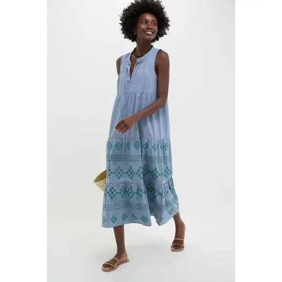 TUCKERNUCK BEACH Emerald Embroidered Chambray Salty Paloma Caftan Size M NWT - Picture 7 of 8